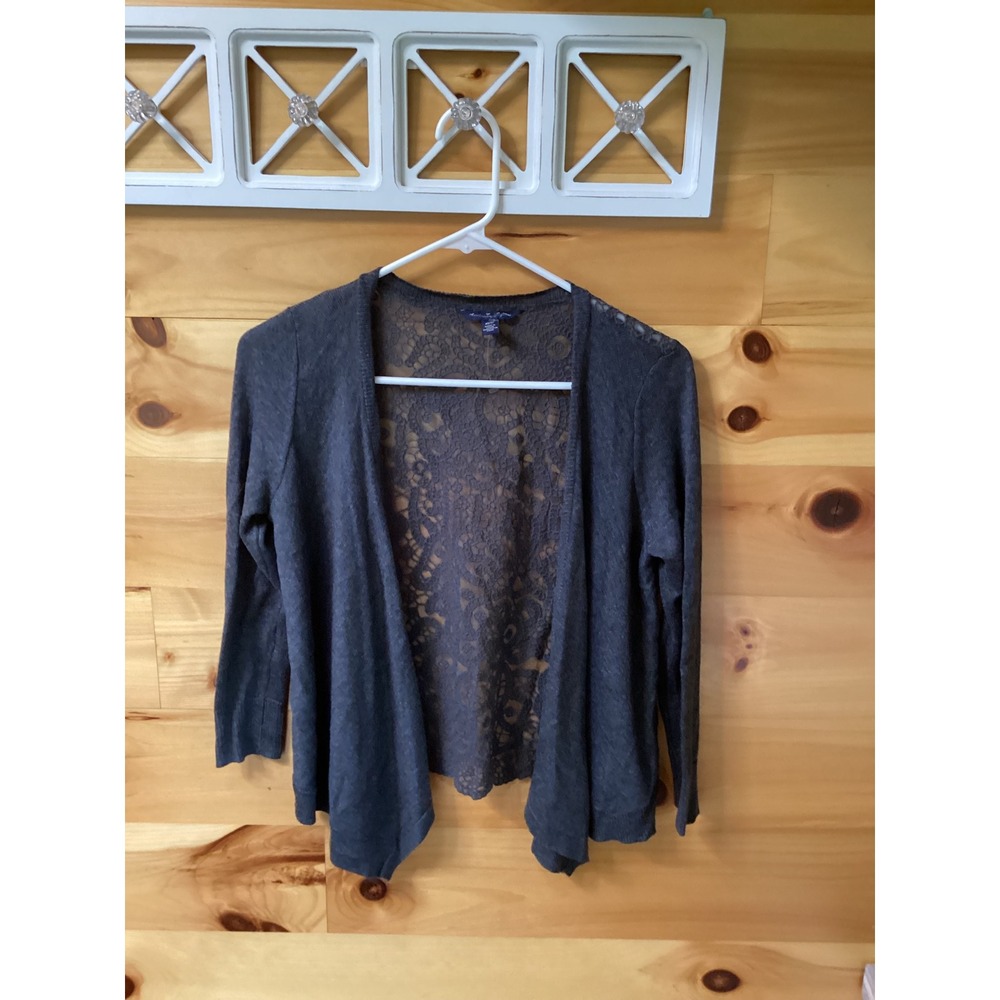American Eagle Lace Back Cardigan Charcoal Gray Handkerchief Hem 3/4 Sleeve XS